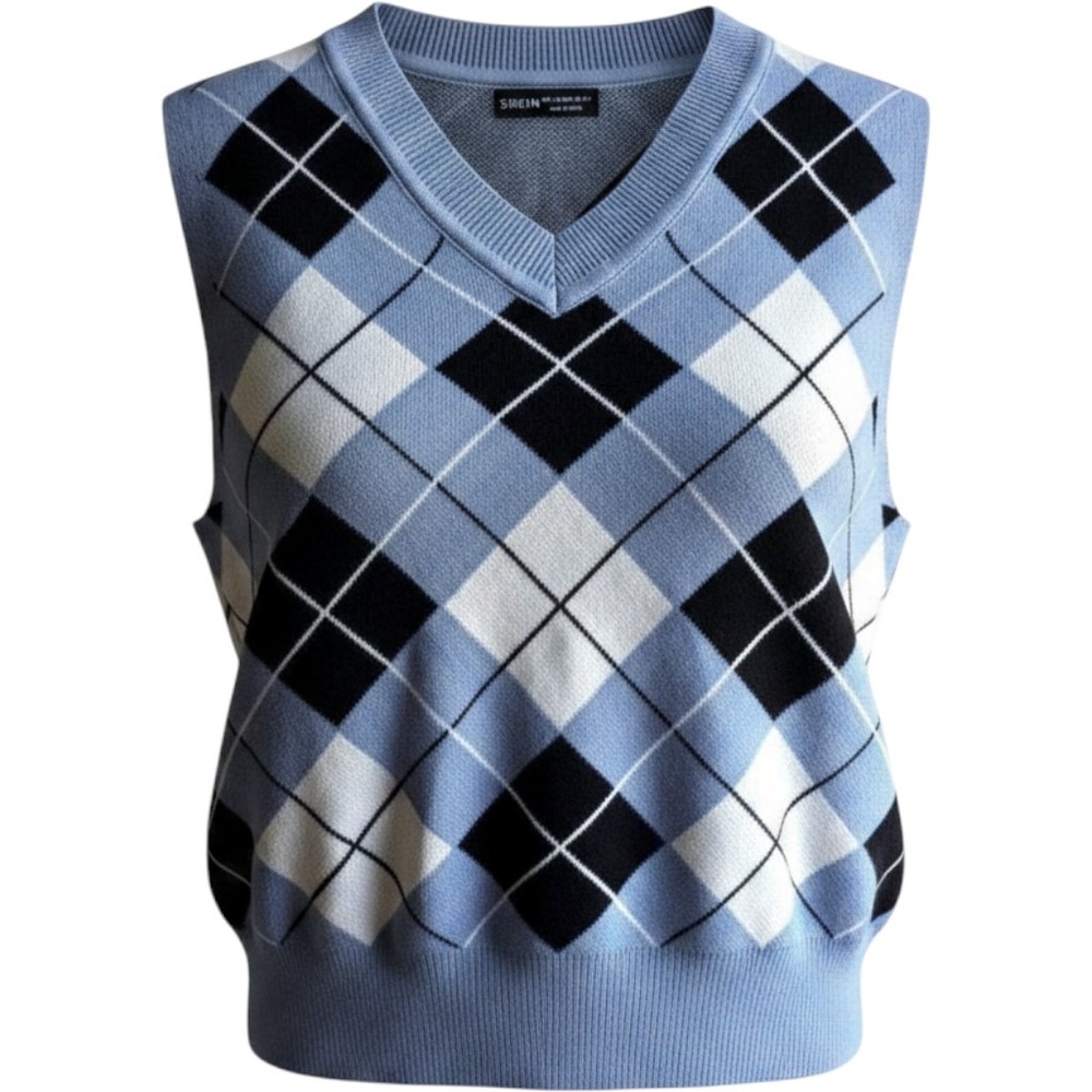 Preppy Women's Classic Academia V-Neck Plaid Argyle Sweater Vest Large Fitted